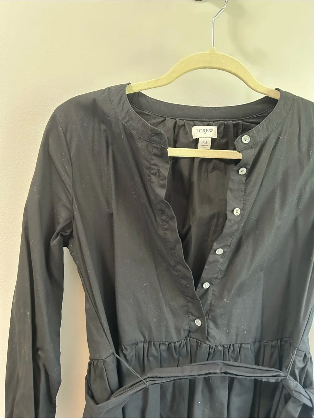 J. Crew Black Long Sleeve Tiered Shirt Dress with Waist Tie